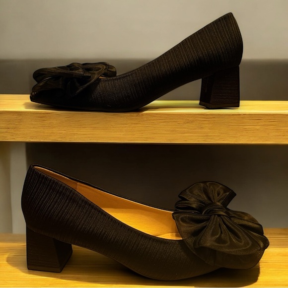 Elegant Black Formal Organza Bow Satin Textured Block Heel Evening Pumps Shoes - Picture 4 of 9